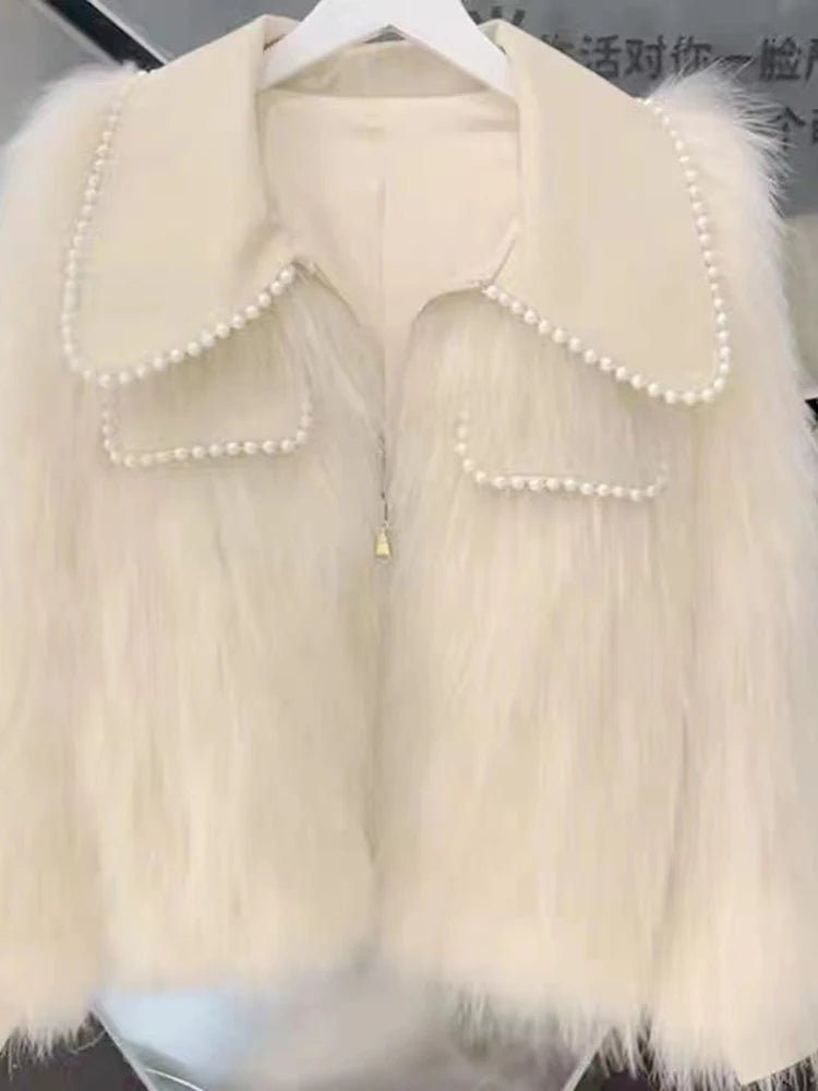 Luxury High-end Pearl Patchwork Lapel Long Sleeve Fur Coats Casual Loose Feather Women Jacket Autumn New Tide