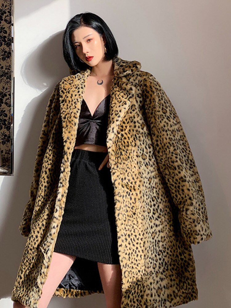 Celebrity Leopard Coat Trend Brand Fashionable Thick Fur Mid Length Outerwear