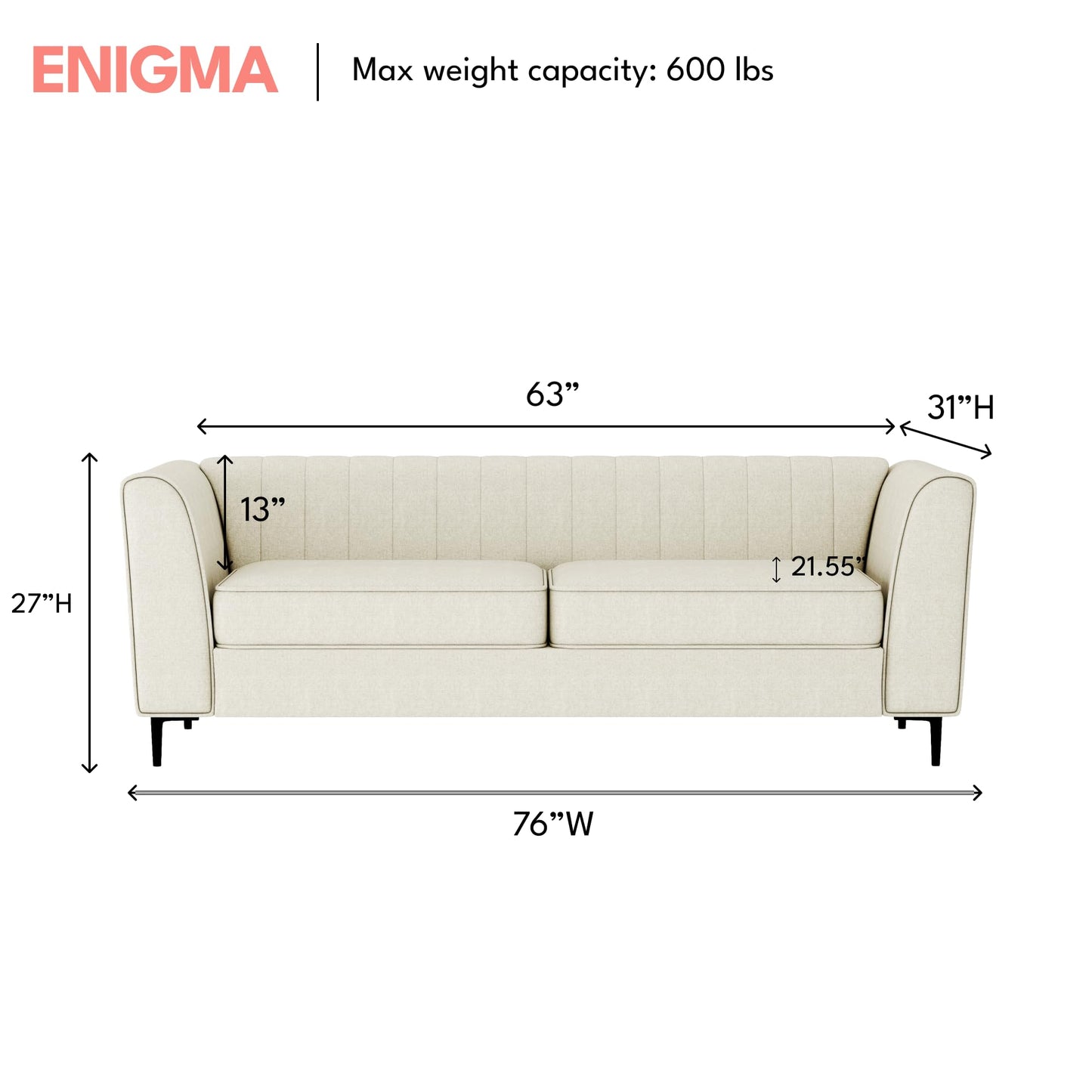 Aykah Enigma 3 Seater Sofa, Modern Upholstered Comfortable Sofa 76" with Channel Tufting, Armrest, Metal Legs, Perfect for Living Room Furniture or Bedroom (Linen, Oat)