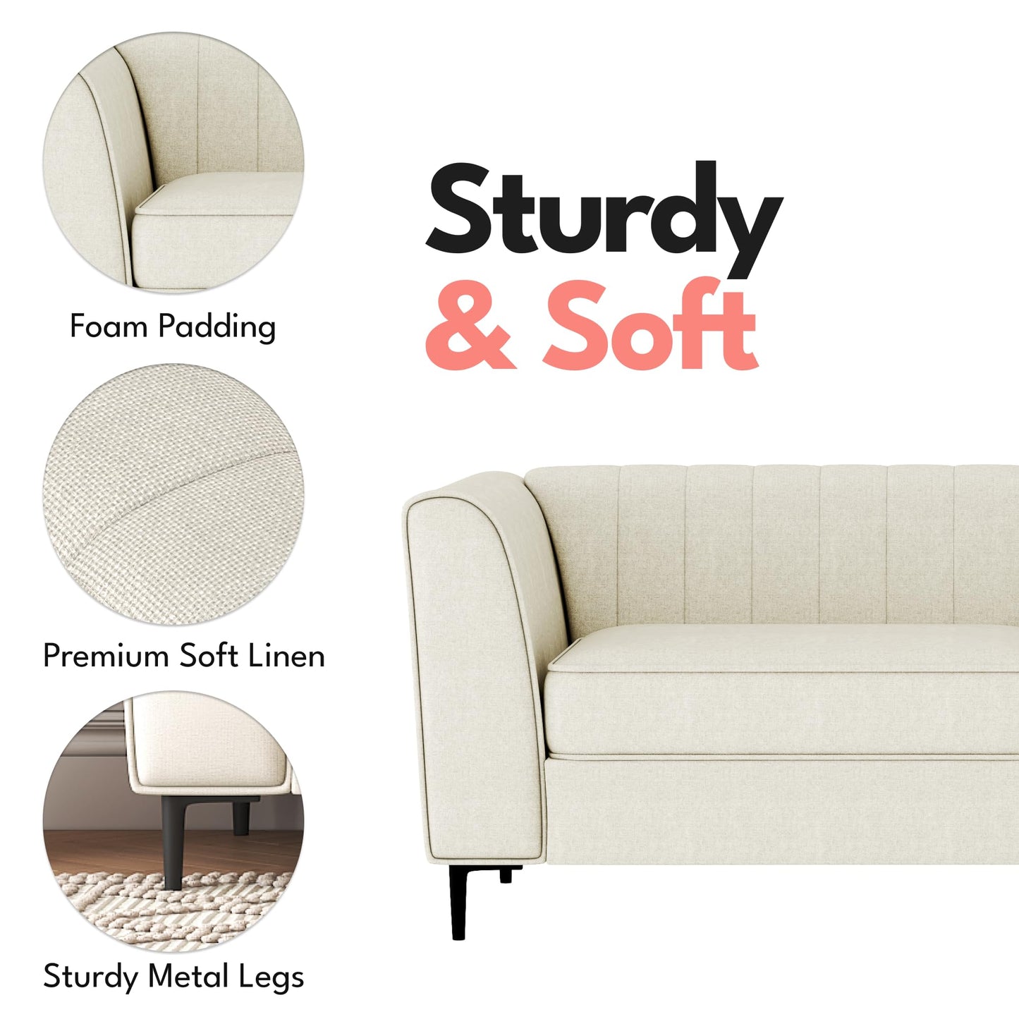 Aykah Enigma 3 Seater Sofa, Modern Upholstered Comfortable Sofa 76" with Channel Tufting, Armrest, Metal Legs, Perfect for Living Room Furniture or Bedroom (Linen, Oat)