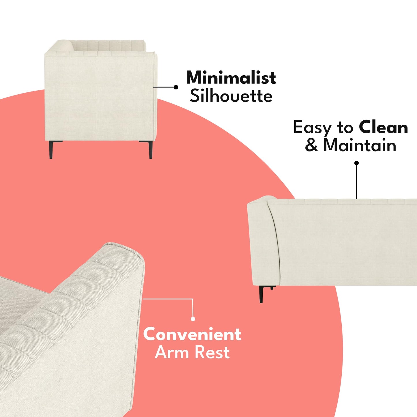 Aykah Enigma 3 Seater Sofa, Modern Upholstered Comfortable Sofa 76" with Channel Tufting, Armrest, Metal Legs, Perfect for Living Room Furniture or Bedroom (Linen, Oat)