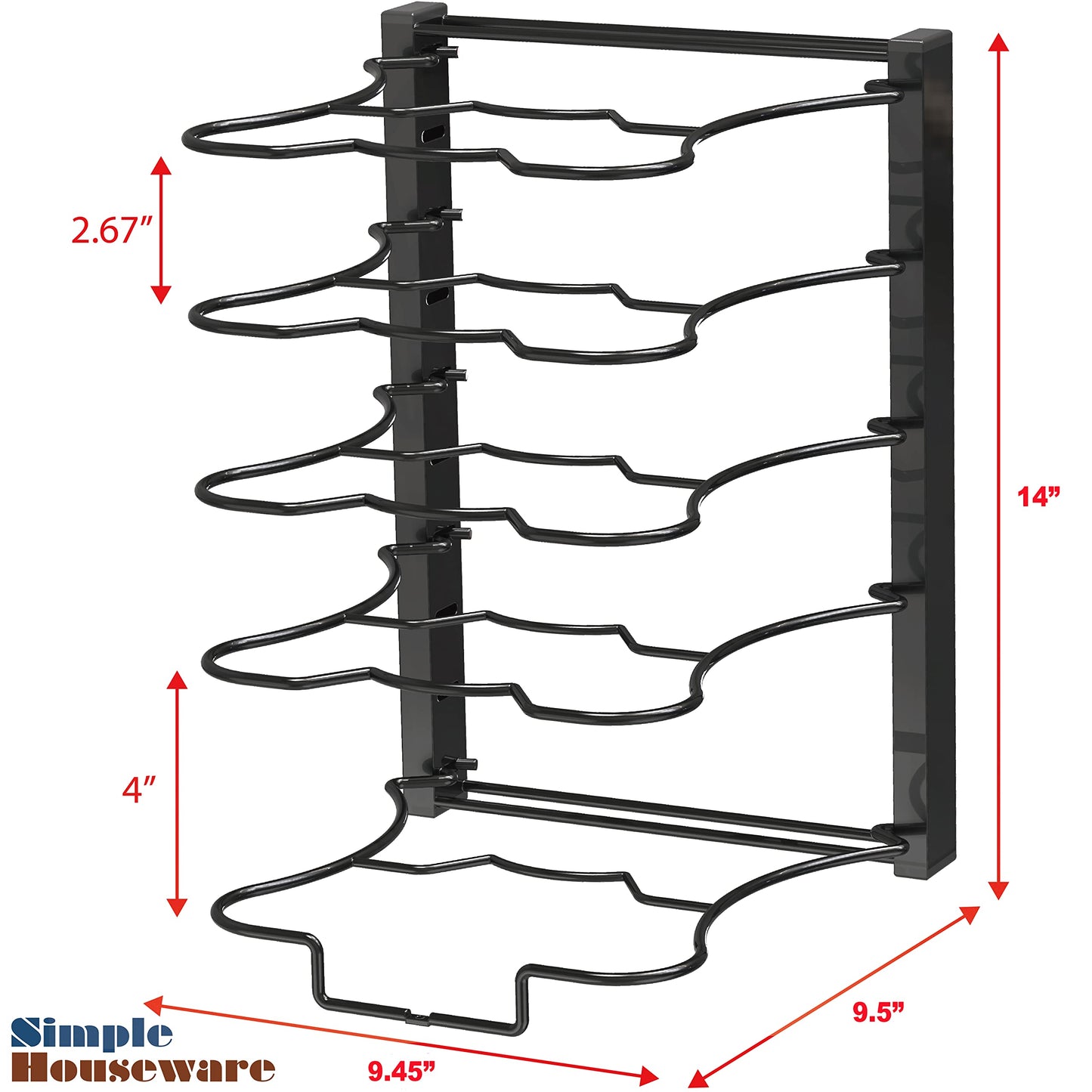 Practical 5 Compartments Height Adjustable Pan Rack Organizer for Kitchen Storage, Black