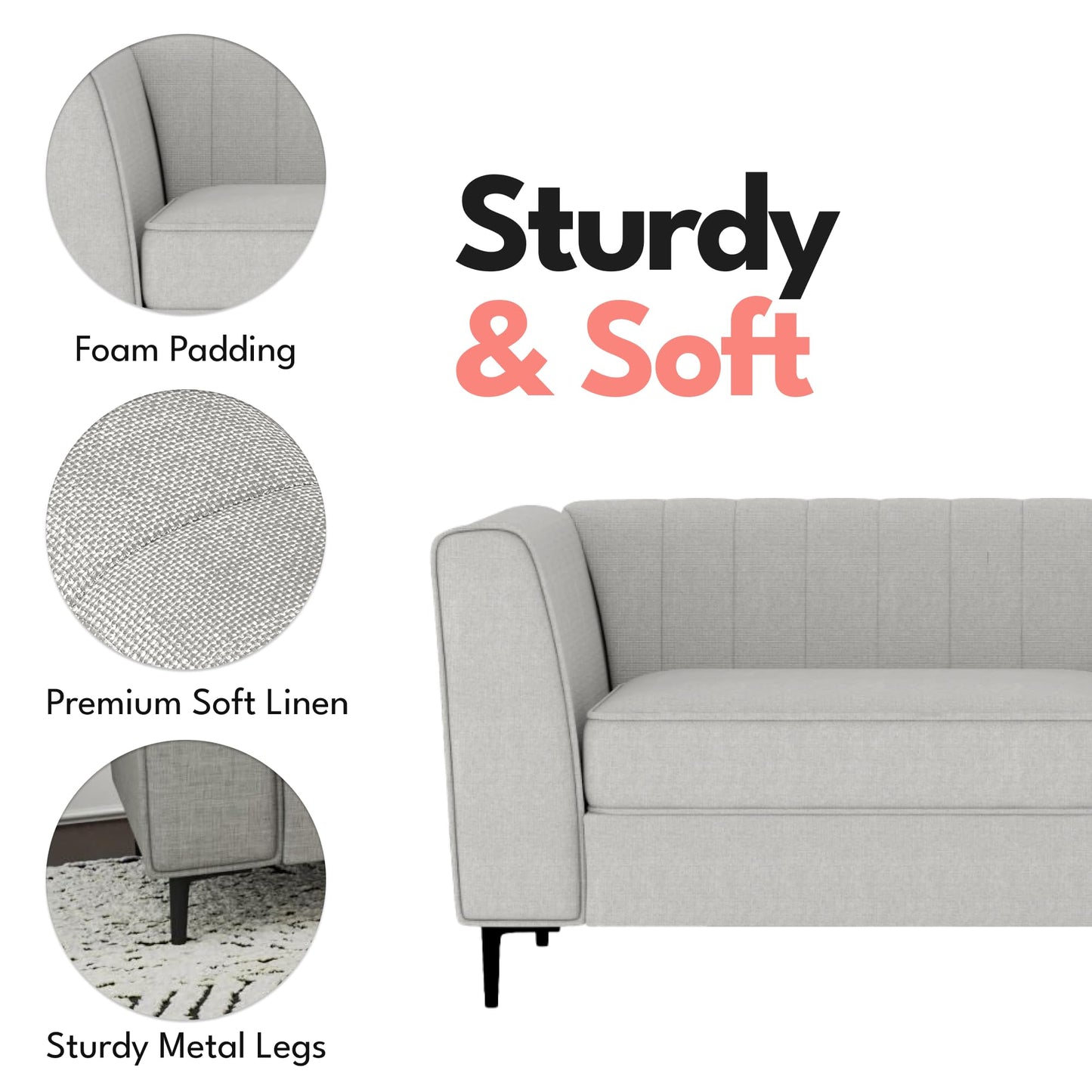 Aykah Enigma 3 Seater Sofa, Modern Upholstered Comfortable Sofa 76" with Channel Tufting, Armrest, Metal Legs, Perfect for Living Room Furniture or Bedroom (Linen, Oat)