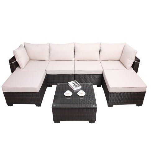 Outdoor Garden Patio Furniture 7 Piece Rattan/Wicker Cushioned Sofa Sets And Coffee Table