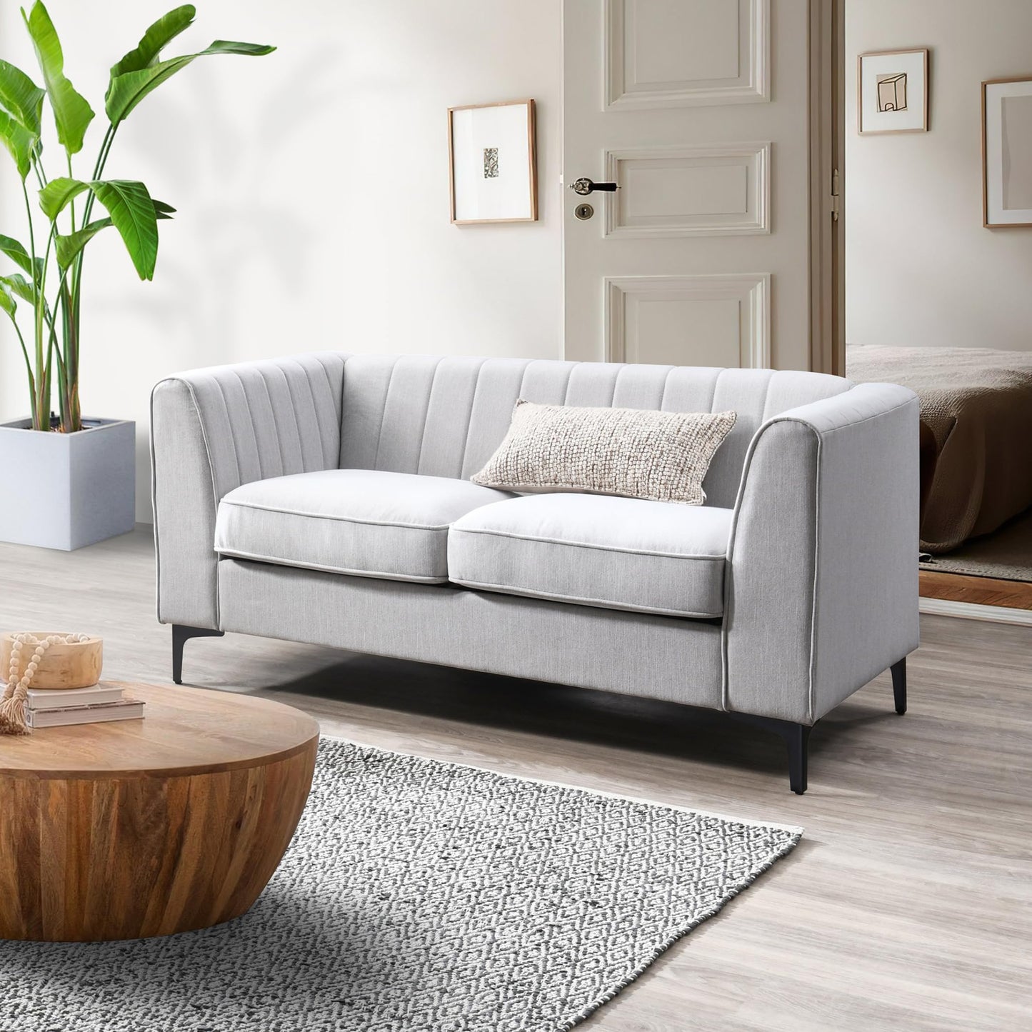 Aykah Enigma 3 Seater Sofa, Modern Upholstered Comfortable Sofa 76" with Channel Tufting, Armrest, Metal Legs, Perfect for Living Room Furniture or Bedroom (Linen, Oat)