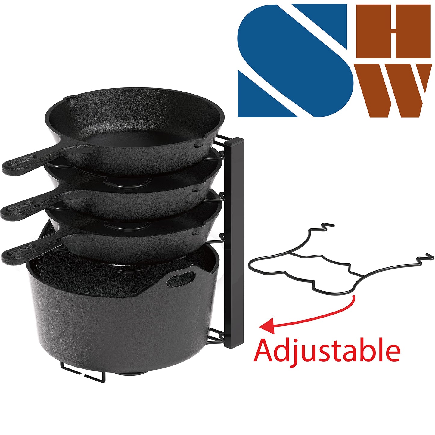 Practical 5 Compartments Height Adjustable Pan Rack Organizer for Kitchen Storage, Black