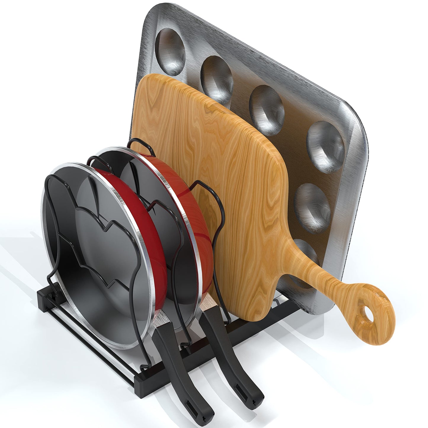 Practical 5 Compartments Height Adjustable Pan Rack Organizer for Kitchen Storage, Black