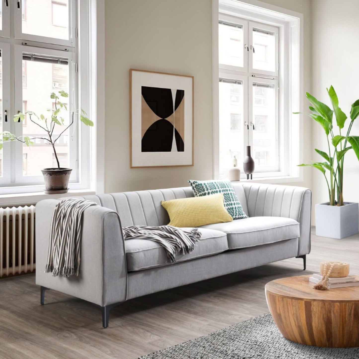 Aykah Enigma 3 Seater Sofa, Modern Upholstered Comfortable Sofa 76" with Channel Tufting, Armrest, Metal Legs, Perfect for Living Room Furniture or Bedroom (Linen, Oat)