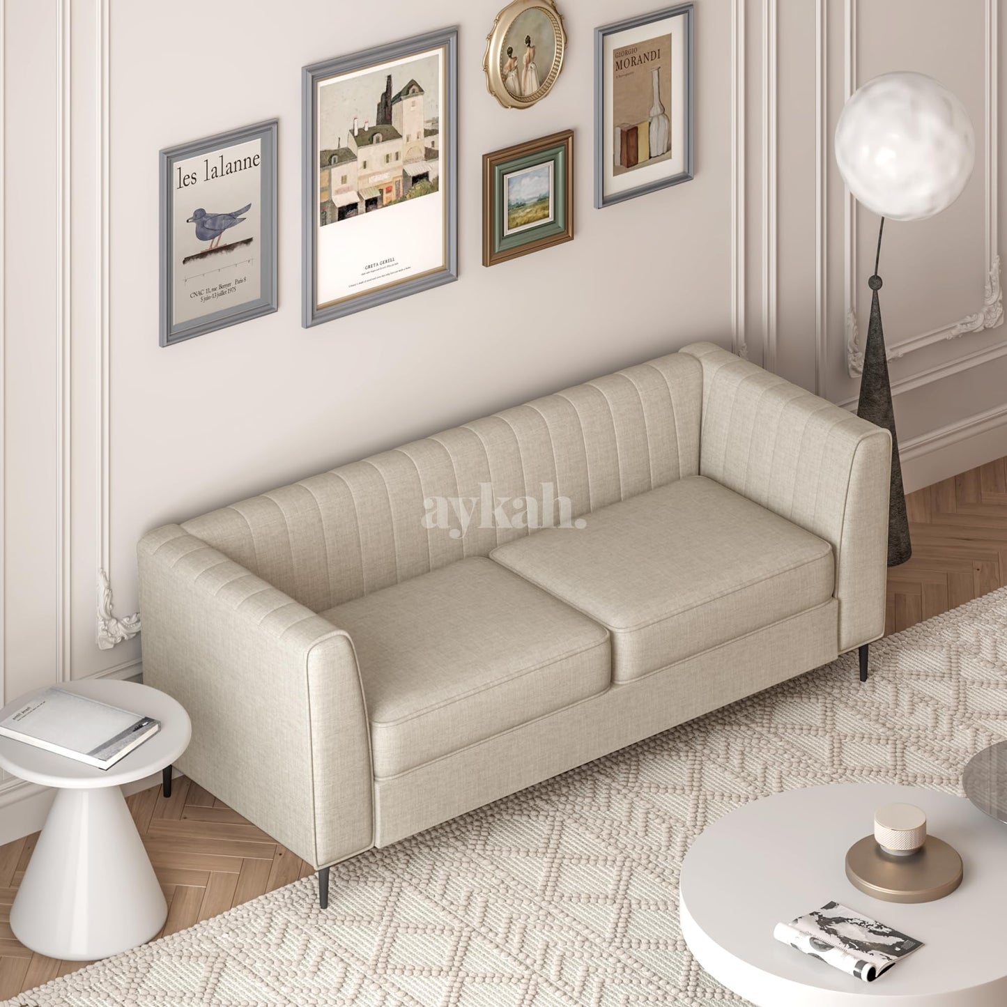 Aykah Enigma 3 Seater Sofa, Modern Upholstered Comfortable Sofa 76" with Channel Tufting, Armrest, Metal Legs, Perfect for Living Room Furniture or Bedroom (Linen, Oat)