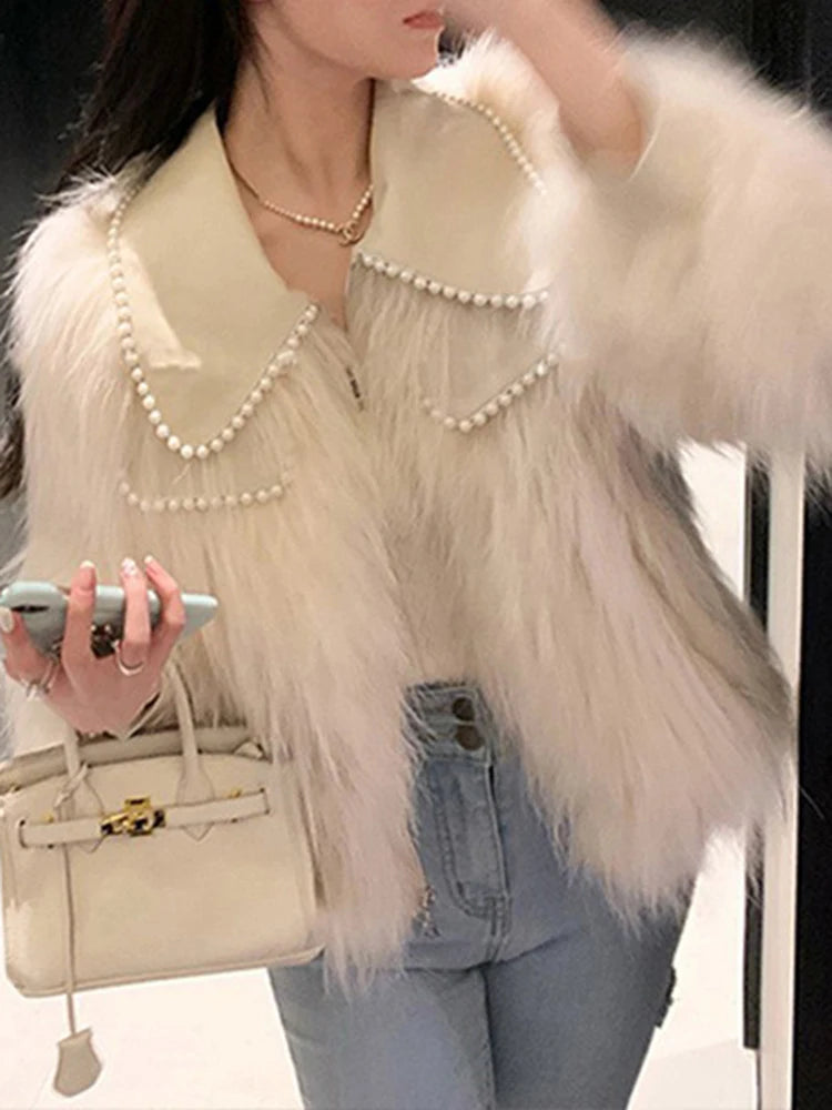 Luxury High-end Pearl Patchwork Lapel Long Sleeve Fur Coats Casual Loose Feather Women Jacket Autumn New Tide