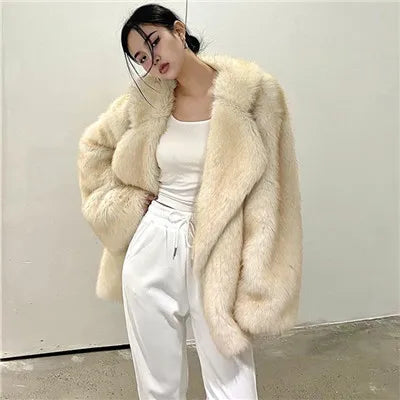 High Quality Faux Fox Fur Jacket Women Winter Thick Warm Overcoat Lapel Fashion Fur Coat Female Streetwear Loose Plush Coats