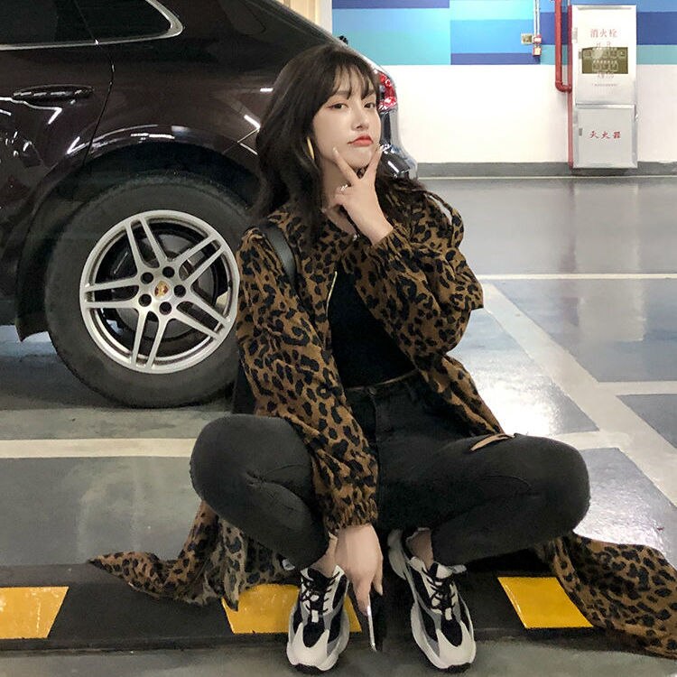 New Women's Casual Leopard Trench Coat Oversize Vintage Casual Spring Autumn windbreaker Outwear Loose Clothing