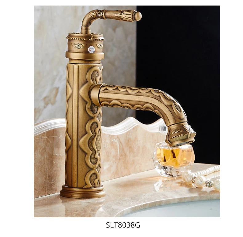 Basin Faucets Solid Brass Vintage Antique Bathroom Faucet Single Handle 360 Degree Swivel Spout Hot Cold Water Basin Mixer Tap