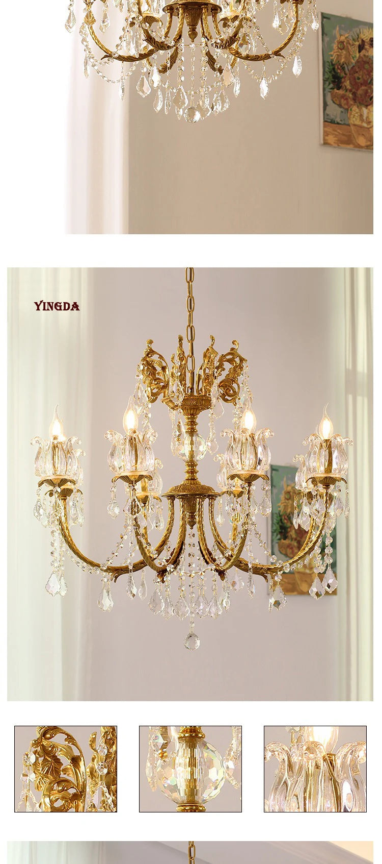All Copper European Crystal Lamp, American Medieval Chandelier, French Living Room Lamp, Villa Classical Restaurant Lamp