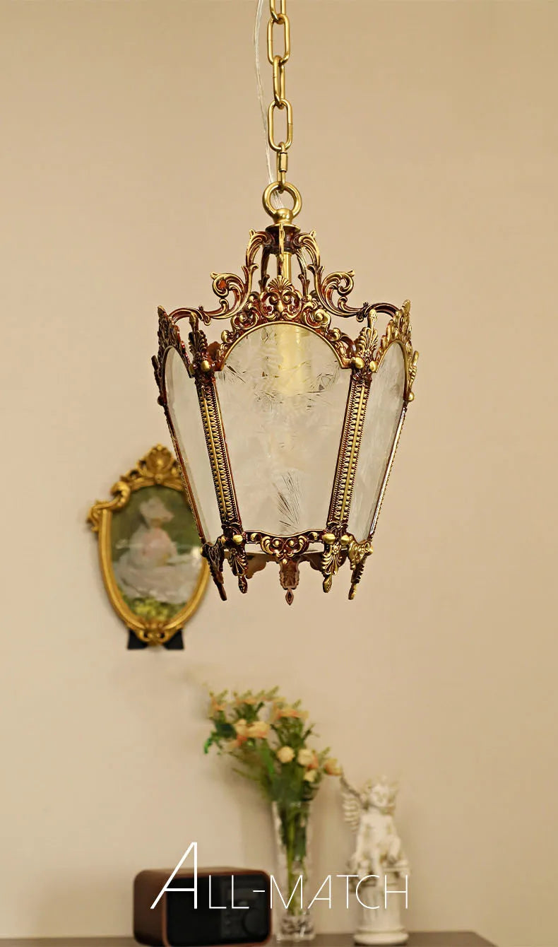 French-Style Retro Copper Ice Flower Glass Small Chandelier Bedside Balcony Porch Pendant Lighting Cloakroom Hanging Lamp