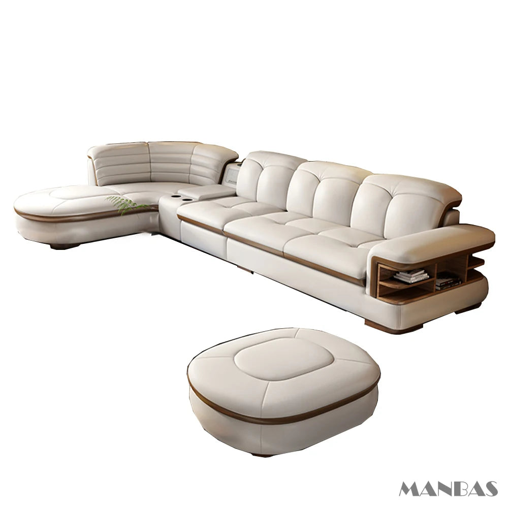 Luxury L-Shaped Genuine Leather Sectional Sofa Sets with USB, Bluetooth Speaker - MINGDIBAO Living Room Italian Leather Couches