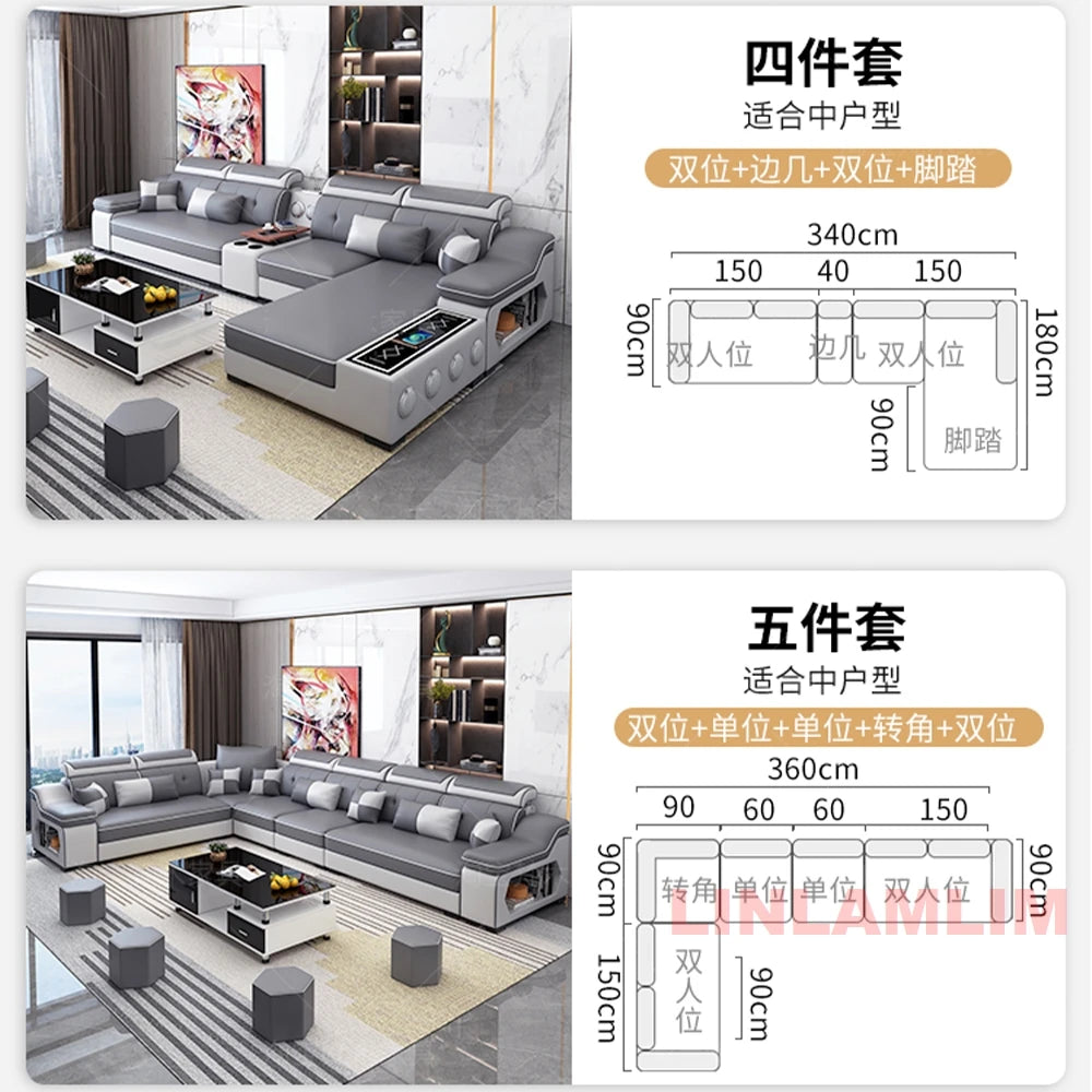 Modern Scientific Cloth Sectional Sofa Set with Chaise Lounge, Bluetooth Speakers, and USB Charging Ports for Living Room