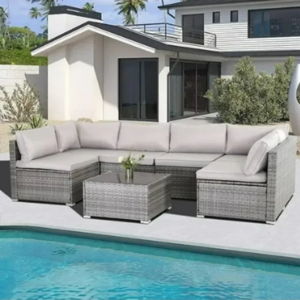 7-Piece Patio Furniture Set-Modular Wicker Outdoor Sectional Sofa Rattan With Pillow-top Cushions and Coffee Table