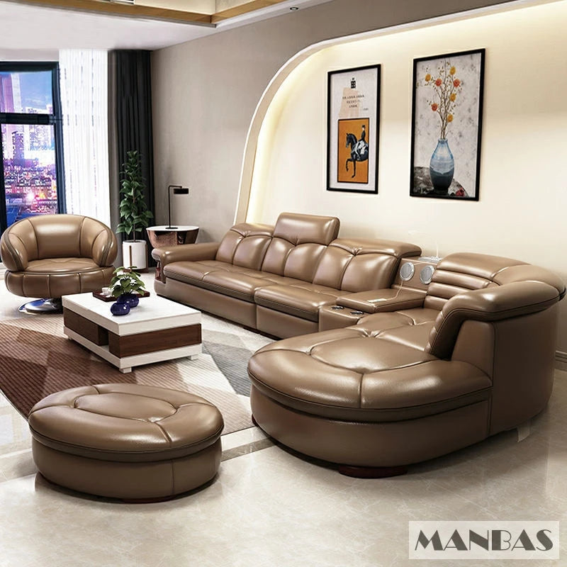 Luxury L-Shaped Genuine Leather Sectional Sofa Sets with USB, Bluetooth Speaker - MINGDIBAO Living Room Italian Leather Couches