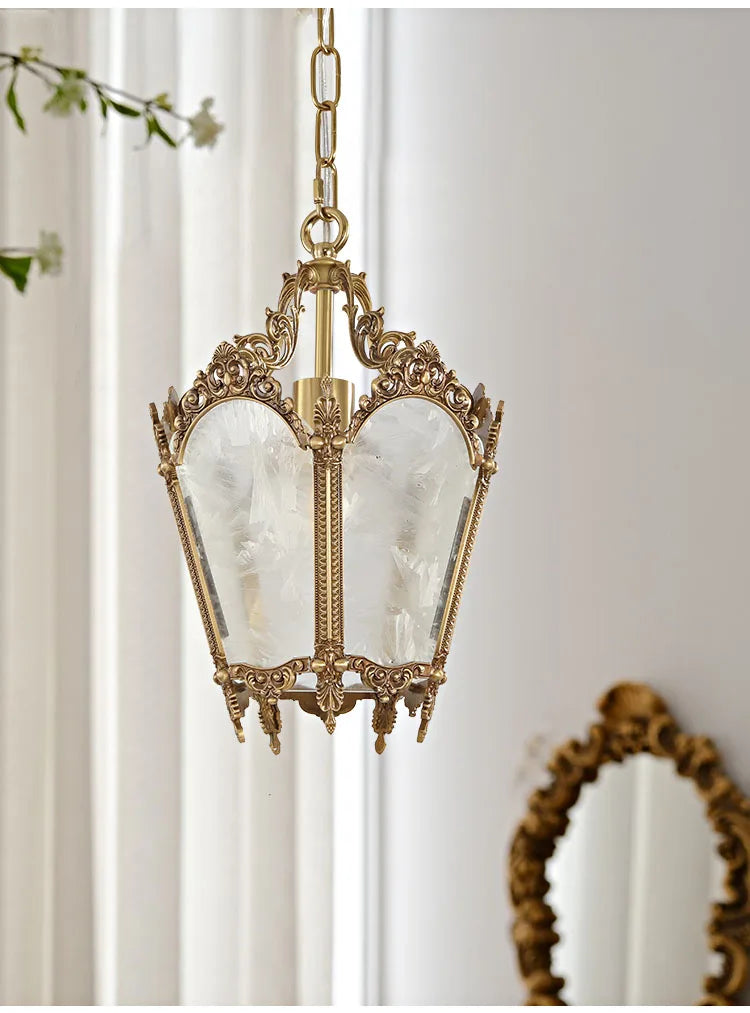 French-Style Retro Copper Ice Flower Glass Small Chandelier Bedside Balcony Porch Pendant Lighting Cloakroom Hanging Lamp