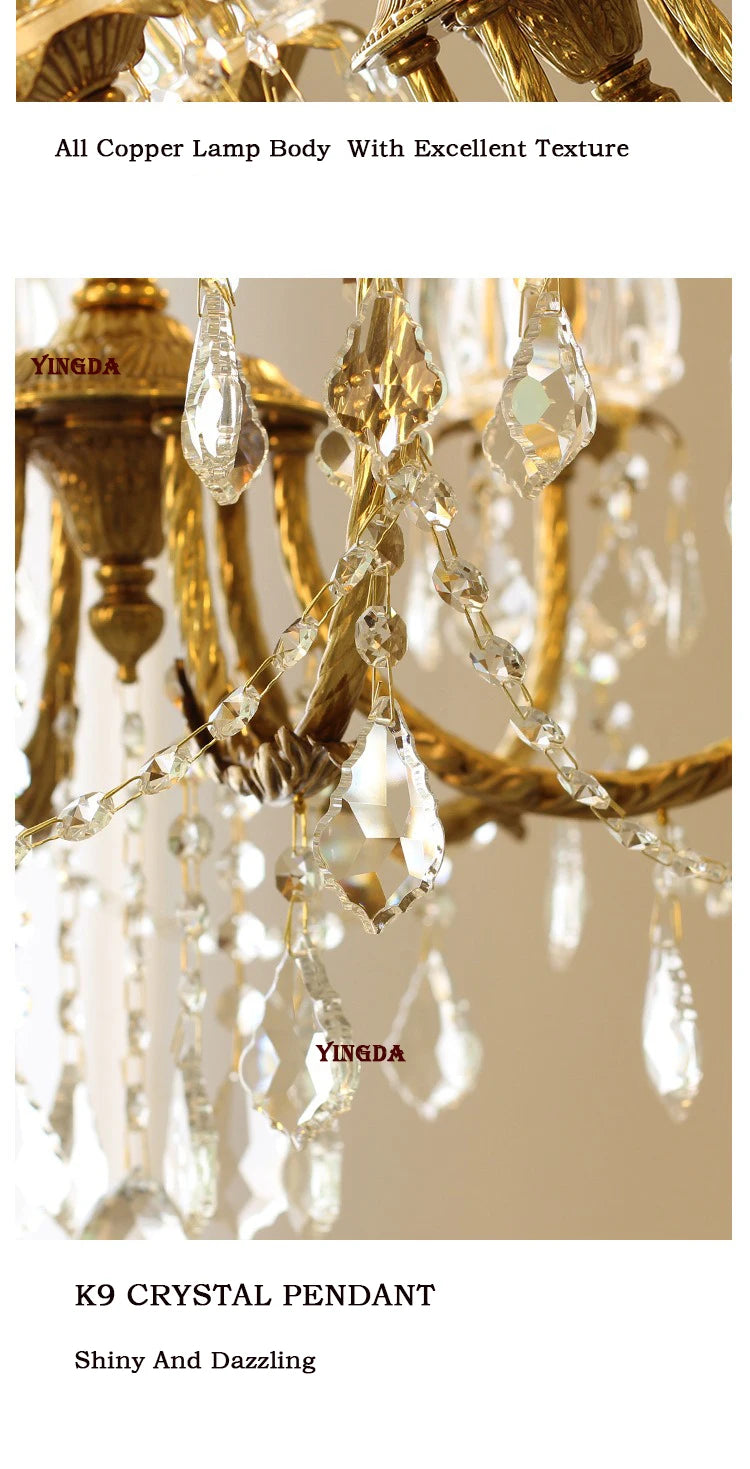 All Copper European Crystal Lamp, American Medieval Chandelier, French Living Room Lamp, Villa Classical Restaurant Lamp