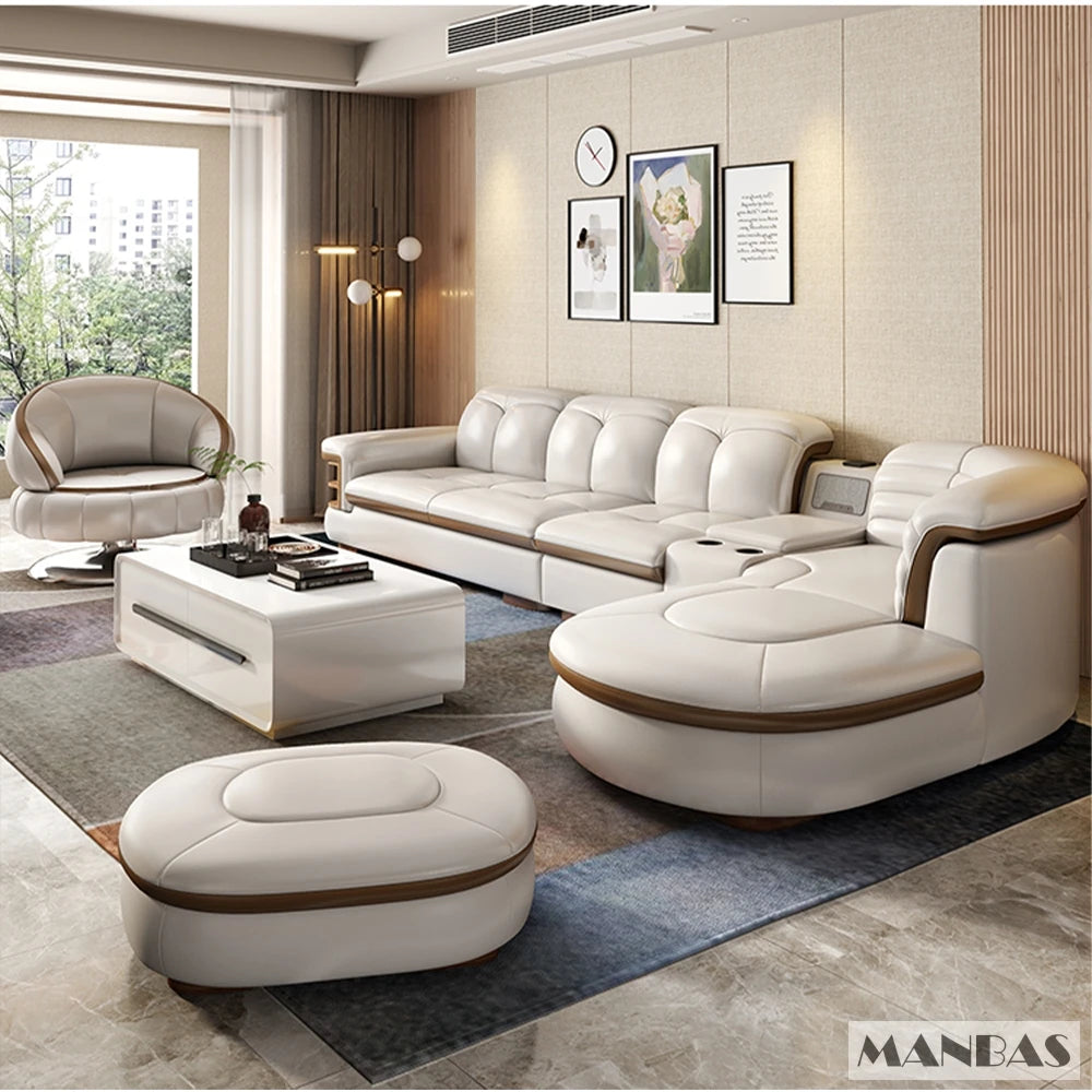 Luxury L-Shaped Genuine Leather Sectional Sofa Sets with USB, Bluetooth Speaker - MINGDIBAO Living Room Italian Leather Couches