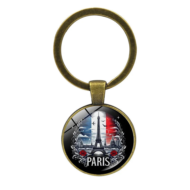 Paris Souvenirs Gifts Keychain France Eiffel Tower, Triumphal Arch, National Flag Glass Pendants