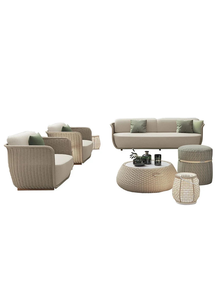 Outdoor Sofa Courtyard Villa Living Room. Waterproof Rope Design. Rattan Combination Furniture. Solid Wood Coffee Table.