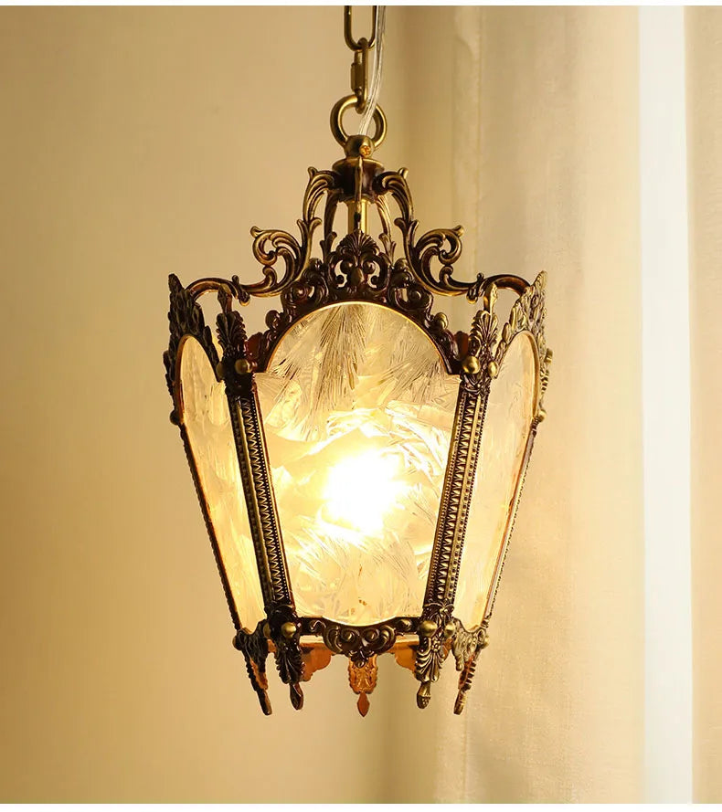 French-Style Retro Copper Ice Flower Glass Small Chandelier Bedside Balcony Porch Pendant Lighting Cloakroom Hanging Lamp