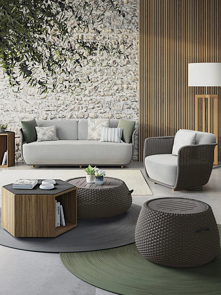 Outdoor Sofa Courtyard Villa Living Room. Waterproof Rope Design. Rattan Combination Furniture. Solid Wood Coffee Table.