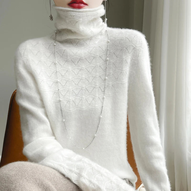 Fashion Cashmere Jumper 100% Merino Wool Pullover Winter High Neck Solid Long Sleeve Women's Seamless Hollow out Knitted Sweater