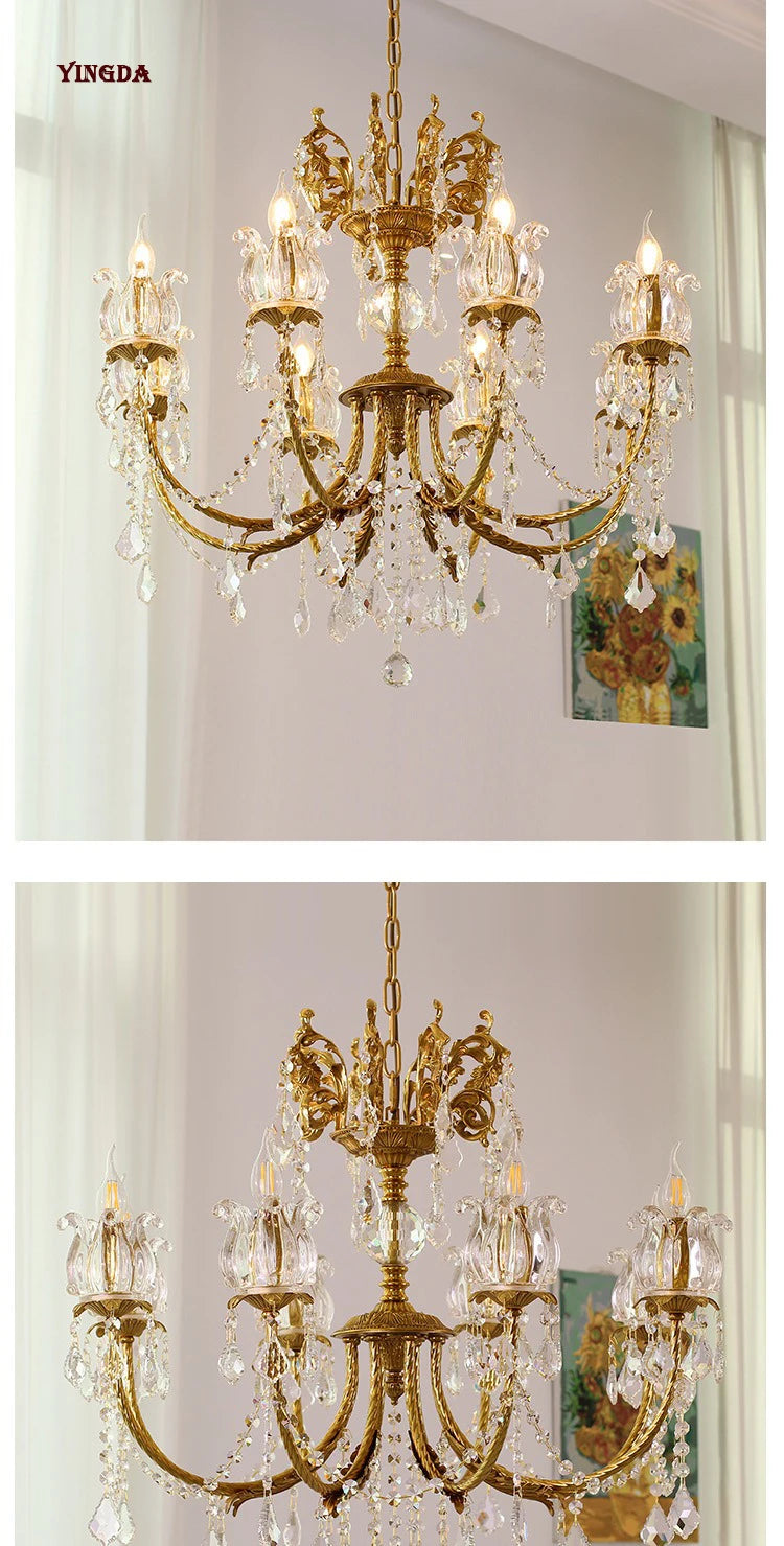 All Copper European Crystal Lamp, American Medieval Chandelier, French Living Room Lamp, Villa Classical Restaurant Lamp