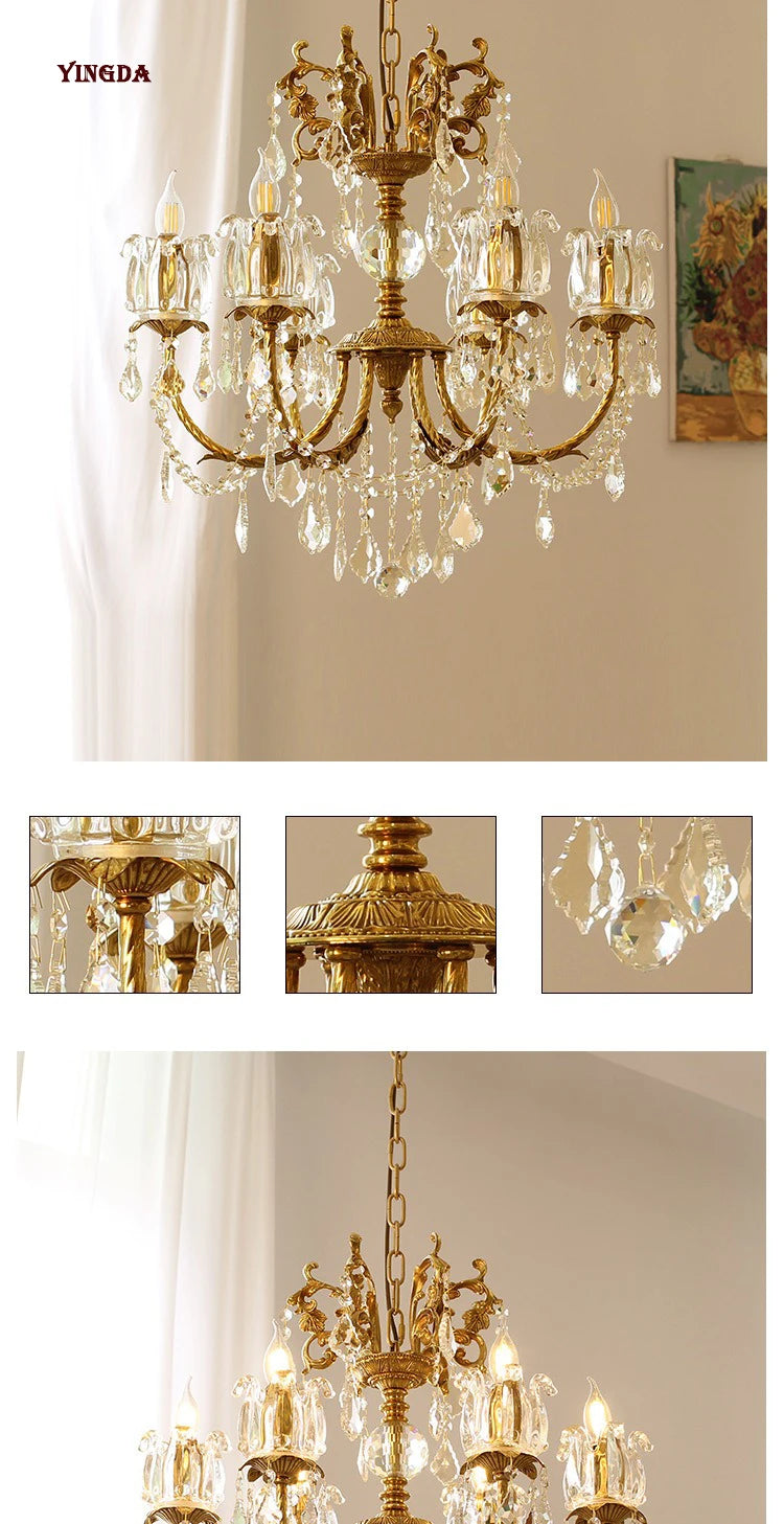 All Copper European Crystal Lamp, American Medieval Chandelier, French Living Room Lamp, Villa Classical Restaurant Lamp