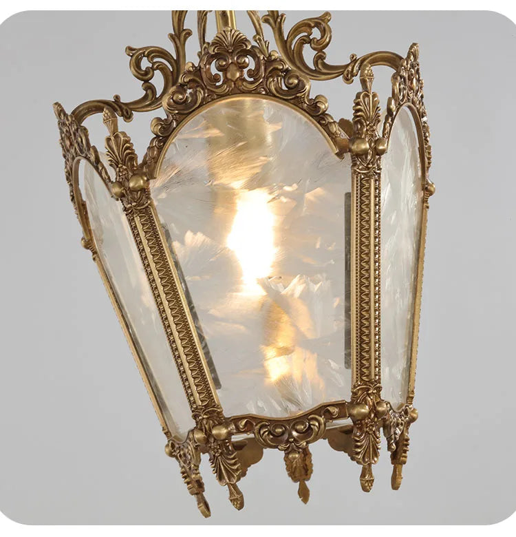 French-Style Retro Copper Ice Flower Glass Small Chandelier Bedside Balcony Porch Pendant Lighting Cloakroom Hanging Lamp