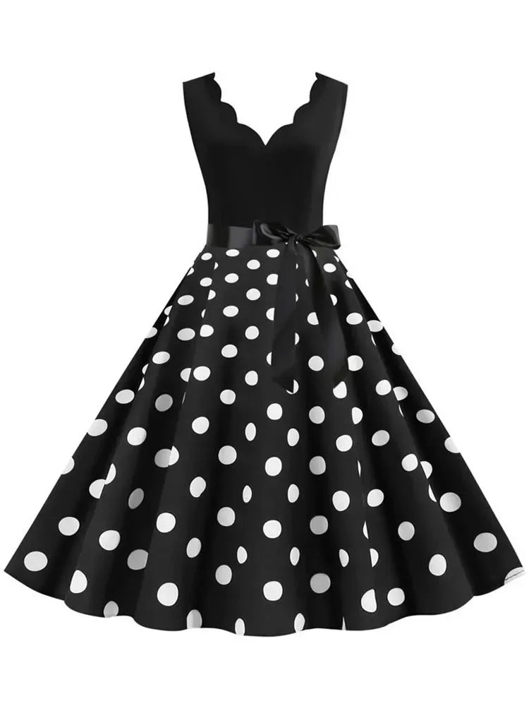 2025 New Vintage Polka Dot Print Women Summer Dress 50s Retro Patchwork Sleeveless V Neck Elegant Party Casual Robe Midi Dresses