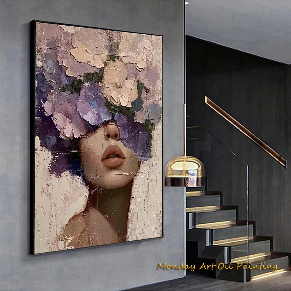 Hand Painted Abstract Woman Faceless Portrait Oil Painting Artwork Original Flower Figurative Art Home Decor