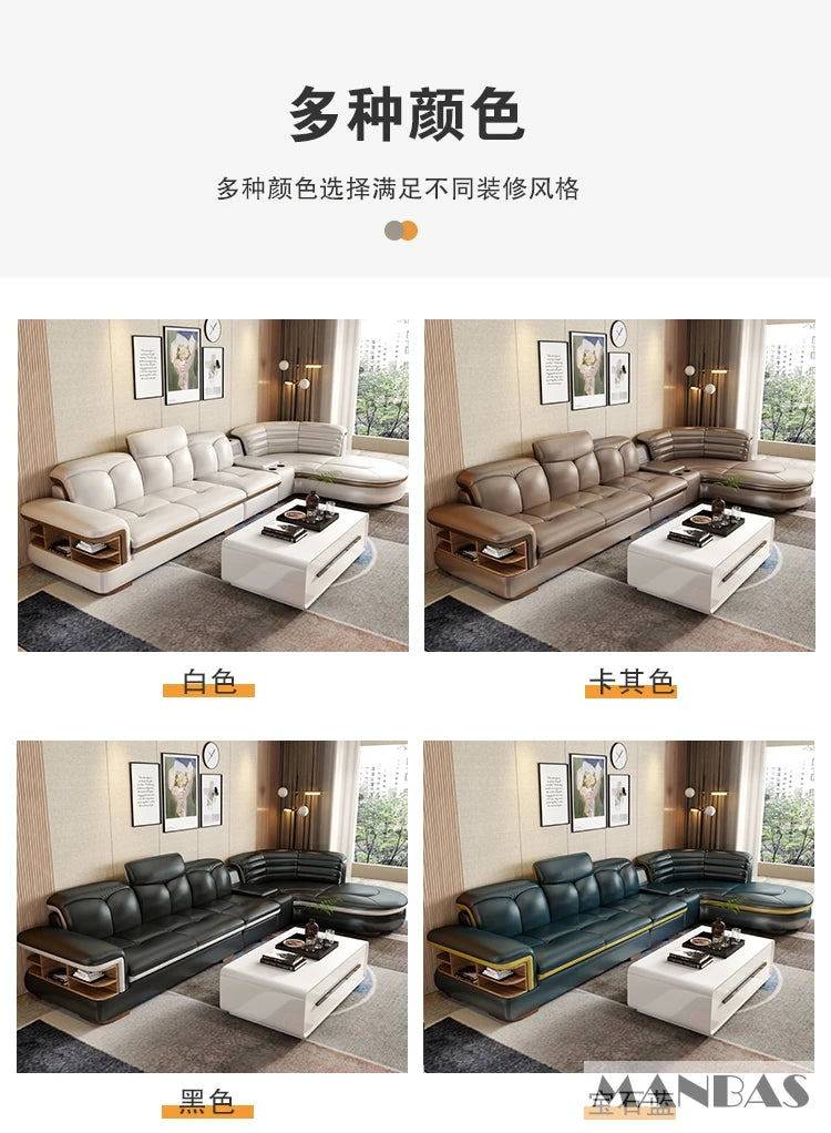 Luxury L-Shaped Genuine Leather Sectional Sofa Sets with USB, Bluetooth Speaker - MINGDIBAO Living Room Italian Leather Couches