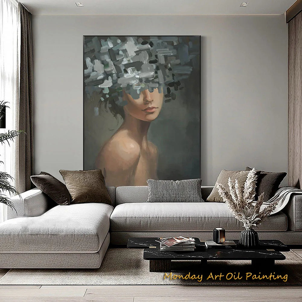 Hand Painted Abstract Woman Faceless Portrait Oil Painting Artwork Original Flower Figurative Art Home Decor