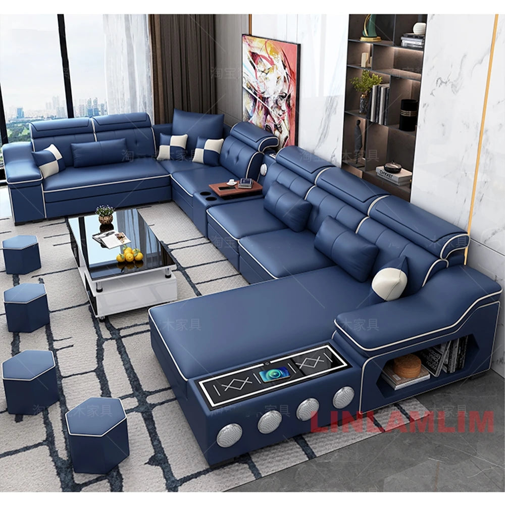 Modern Scientific Cloth Sectional Sofa Set with Chaise Lounge, Bluetooth Speakers, and USB Charging Ports for Living Room