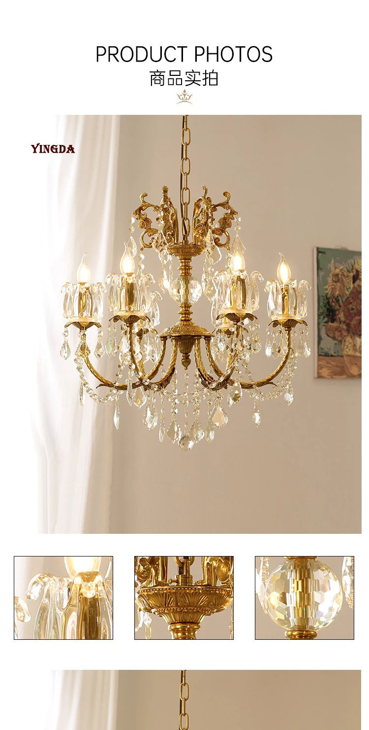 All Copper European Crystal Lamp, American Medieval Chandelier, French Living Room Lamp, Villa Classical Restaurant Lamp