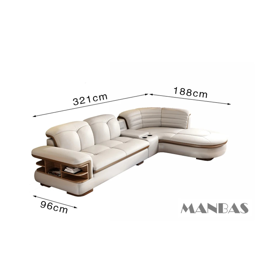 Luxury L-Shaped Genuine Leather Sectional Sofa Sets with USB, Bluetooth Speaker - MINGDIBAO Living Room Italian Leather Couches