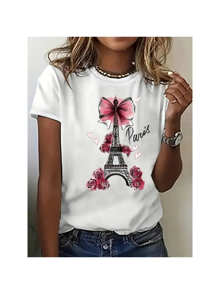 Paris Eiffel Tower Printed `Cotton T-Shirt-Spring and Summer