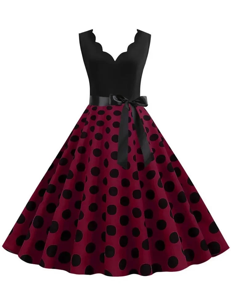 2025 New Vintage Polka Dot Print Women Summer Dress 50s Retro Patchwork Sleeveless V Neck Elegant Party Casual Robe Midi Dresses