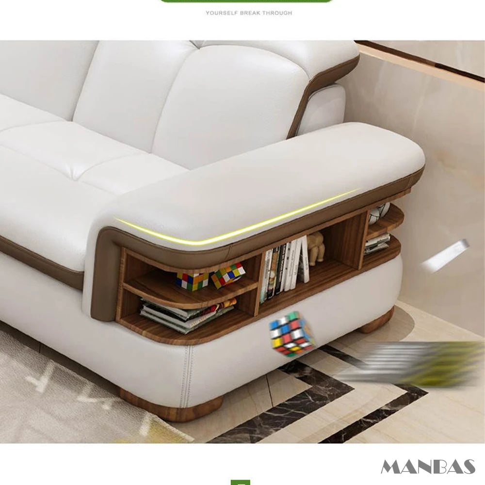 Luxury L-Shaped Genuine Leather Sectional Sofa Sets with USB, Bluetooth Speaker - MINGDIBAO Living Room Italian Leather Couches