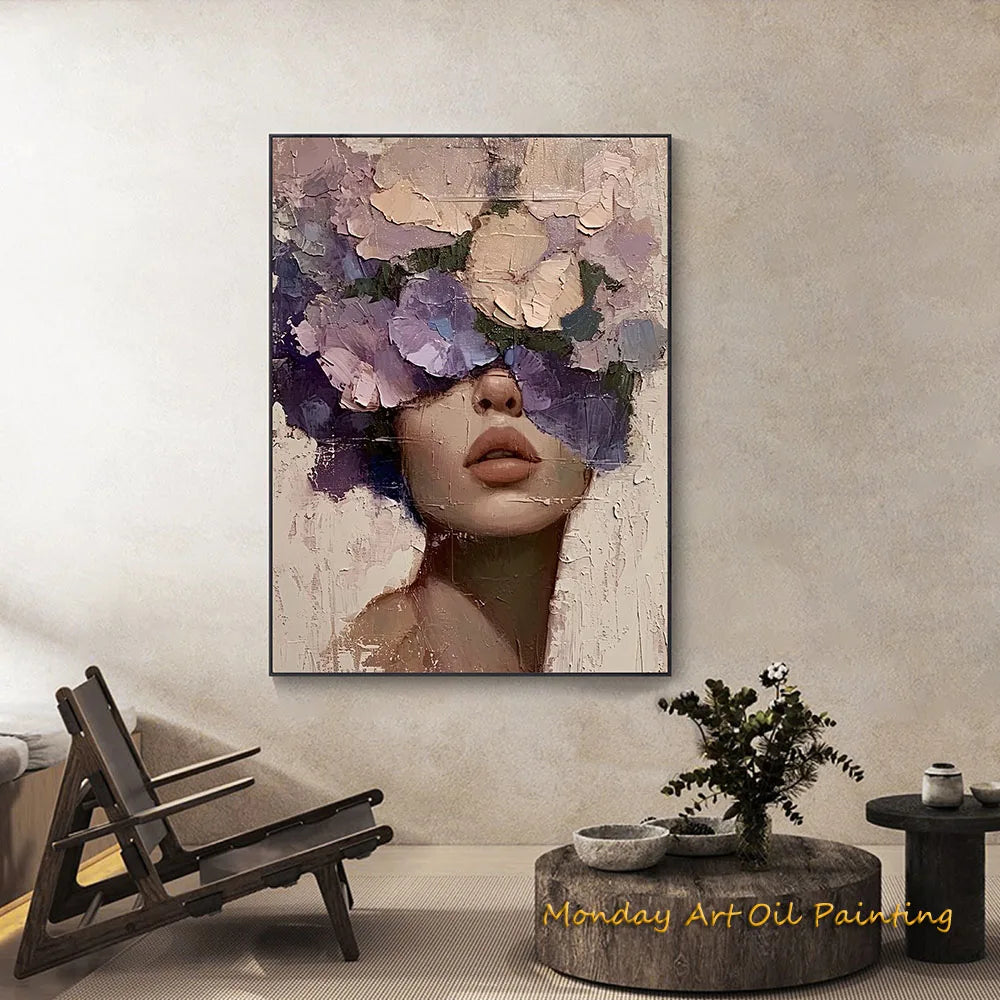 Hand Painted Abstract Woman Faceless Portrait Oil Painting Artwork Original Flower Figurative Art Home Decor