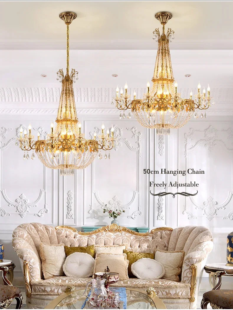 French Classical Brass Crystal Large Chandelier-Loft-Villa-Hall-Hotel Lobby Lamp