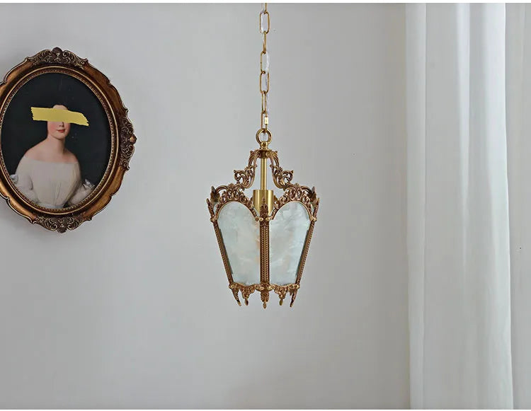 French-Style Retro Copper Ice Flower Glass Small Chandelier Bedside Balcony Porch Pendant Lighting Cloakroom Hanging Lamp