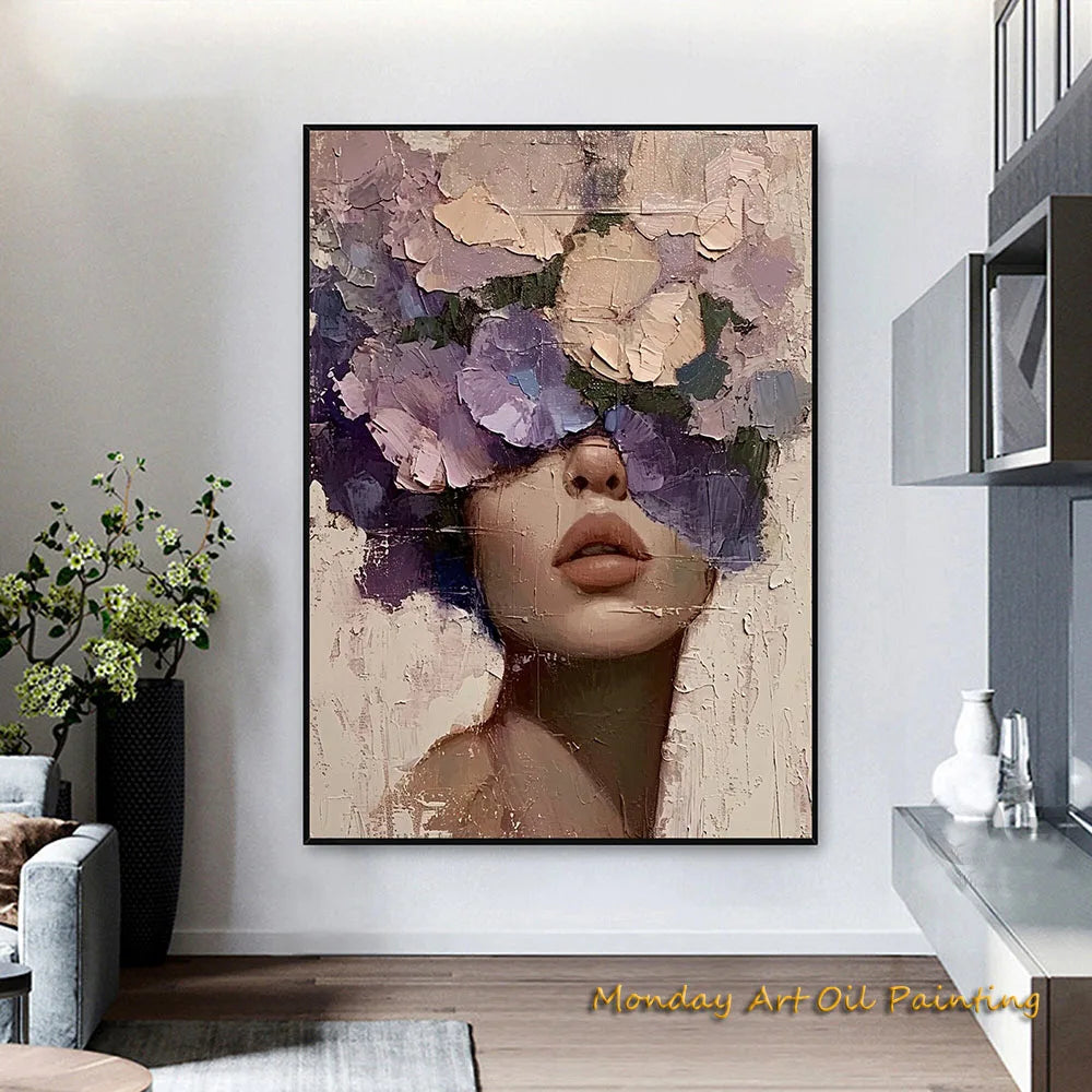 Hand Painted Abstract Woman Faceless Portrait Oil Painting Artwork Original Flower Figurative Art Home Decor