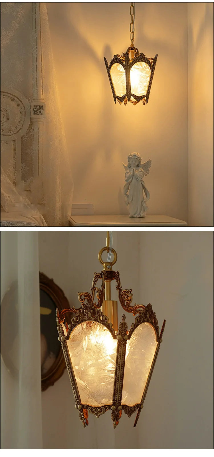 French-Style Retro Copper Ice Flower Glass Small Chandelier Bedside Balcony Porch Pendant Lighting Cloakroom Hanging Lamp