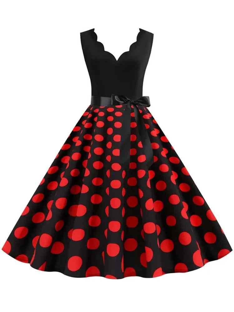 2025 New Vintage Polka Dot Print Women Summer Dress 50s Retro Patchwork Sleeveless V Neck Elegant Party Casual Robe Midi Dresses